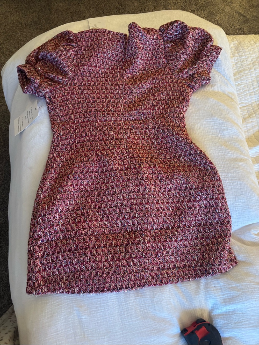 Endless Rose Pink Tweed Puff-Sleeve Button Dress NWT - Picture 2 of 4